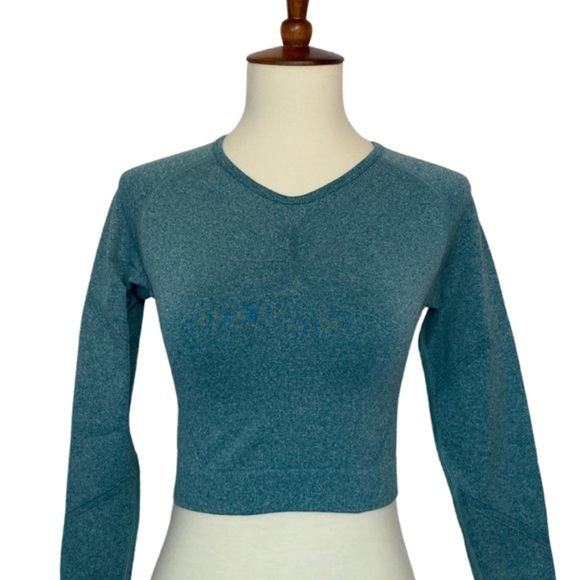 Teal Bluish Green Long Sleeve Yoga Sport Crop Top - Picture 9 of 16